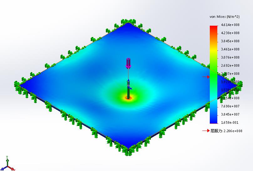 请教各位simulation达人，钢板受集中载荷的有限元分析问题，圆钢不可能穿过钢板吧？ . ...