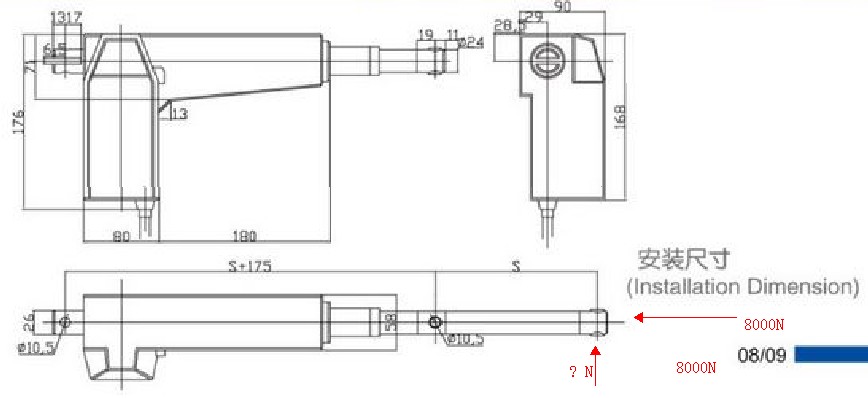 请教,如图所示的电动推杆,已知行程S=200MM, 8000N推力(轴向),请问最大能承受多少径 .. ...